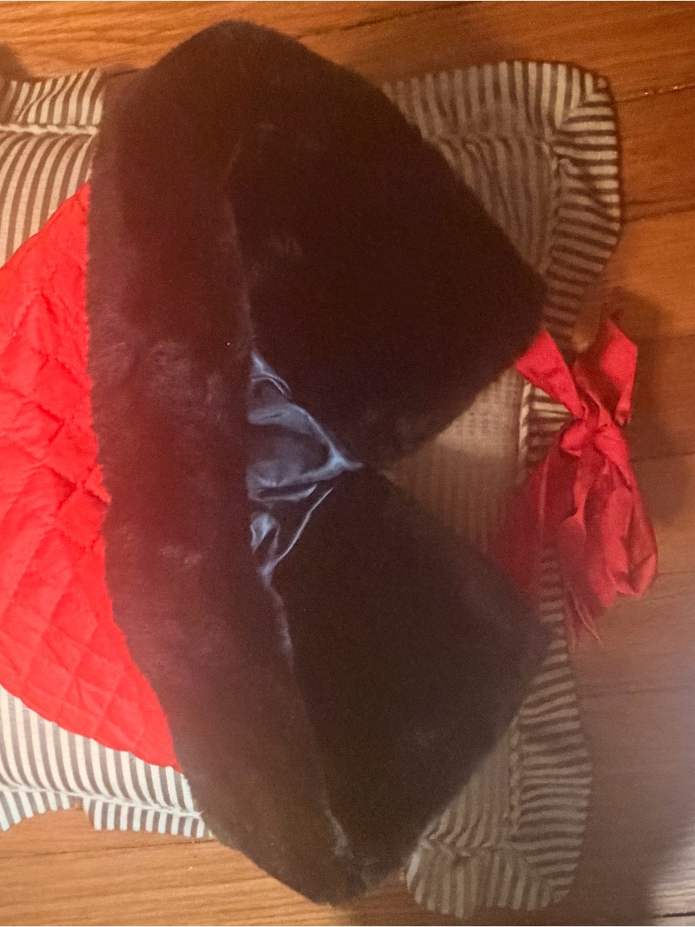 Paula Chin Red Quilted Hat with Black Faux Fur Trim
